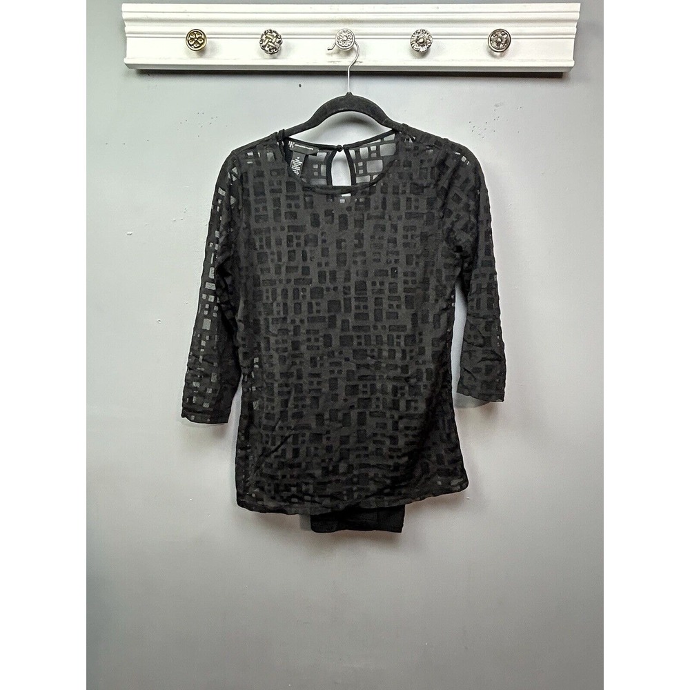 INC Blouse Womens Medium Black Geometric Burnout Sheer 3/4 Sleeve Keyhole Back
